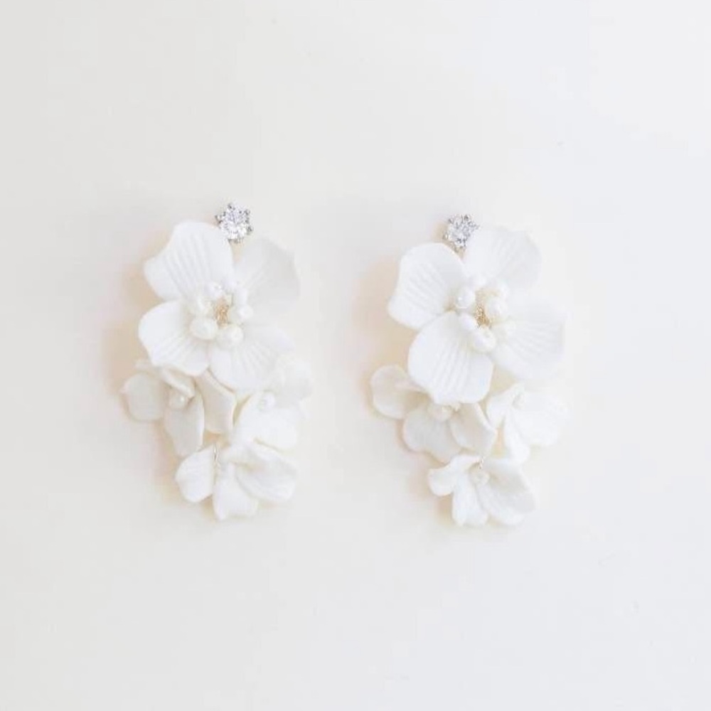 NWT Rosy Stone Inc. Handmade White Clay Floral Earrings